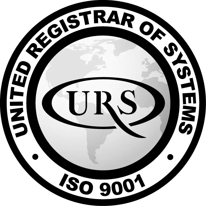 Black and white certification badge, a globe logo labeled 'URS,' with 'United Registrar of Systems ISO 9001' encircling it.