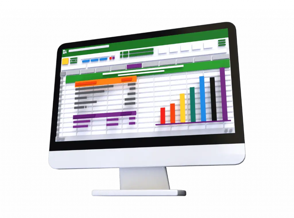 Computer monitor with statistics bars in the screen.