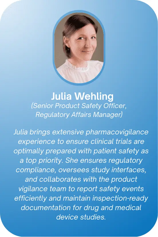 Image of a profile featuring Julia Wehling, Senior Product Safety Officer/ Regulatory Affairs Manager of GCPS. It includes a photo of her and text highlighting his expertise. The background is blue, conveying professionalism and trust.