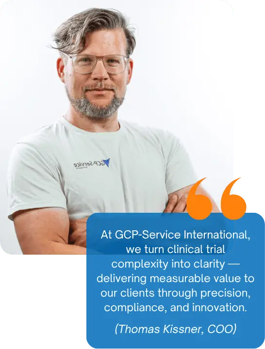 A person in a light shirt with a "GCP Service" logo stands confidently. Beside them, a quote discusses turning clinical trial complexity into clarity.