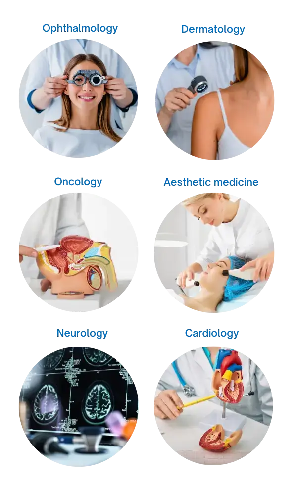 Image with six circular photos depicting medical fields: Ophthalmology, Dermatology, Oncology, Aesthetic Medicine, Neurology, and Cardiology.