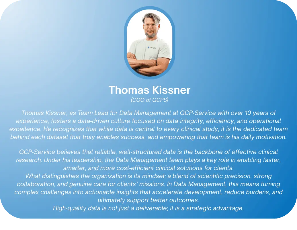 Image of a profile featuring Thomas Kissner, COO of GCPS. It includes a photo of him and text highlighting his expertise in data management and leadership. The background is blue, conveying professionalism and trust.