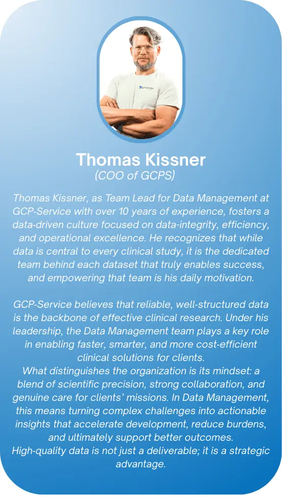 Image of a profile featuring Thomas Kissner, COO of GCPS. It includes a photo of him and text highlighting his expertise in data management and leadership. The background is blue, conveying professionalism and trust.