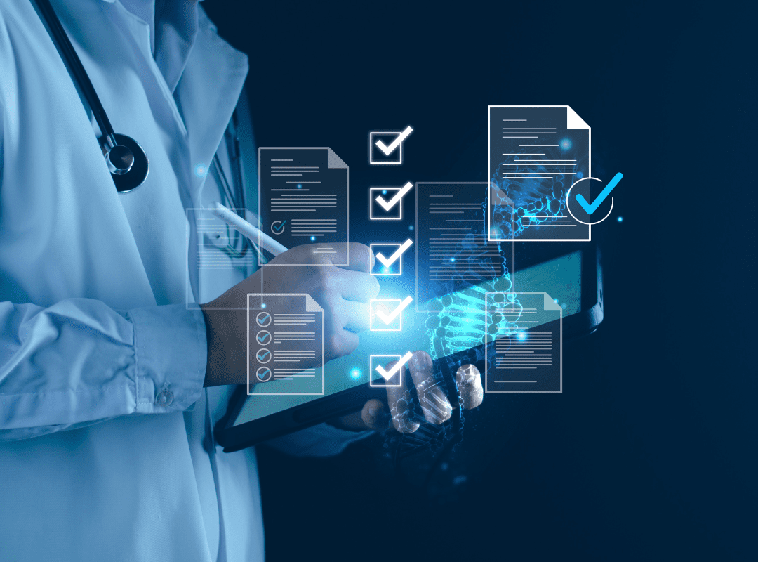 A doctor uses a tablet with digital checklists floating above. The scene conveys efficiency and modern healthcare technology.