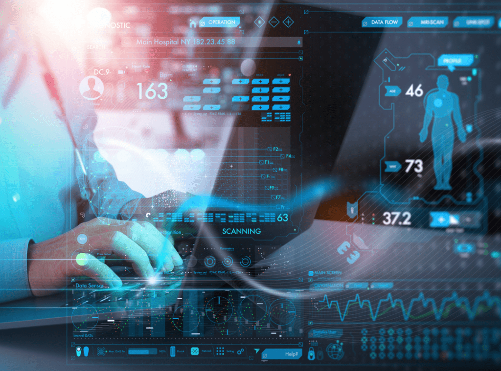 A person types on a keyboard, overlaid with blue, futuristic medical data graphics. Includes heart rate, body scan, and biometric details, conveying a high-tech, clinical atmosphere.