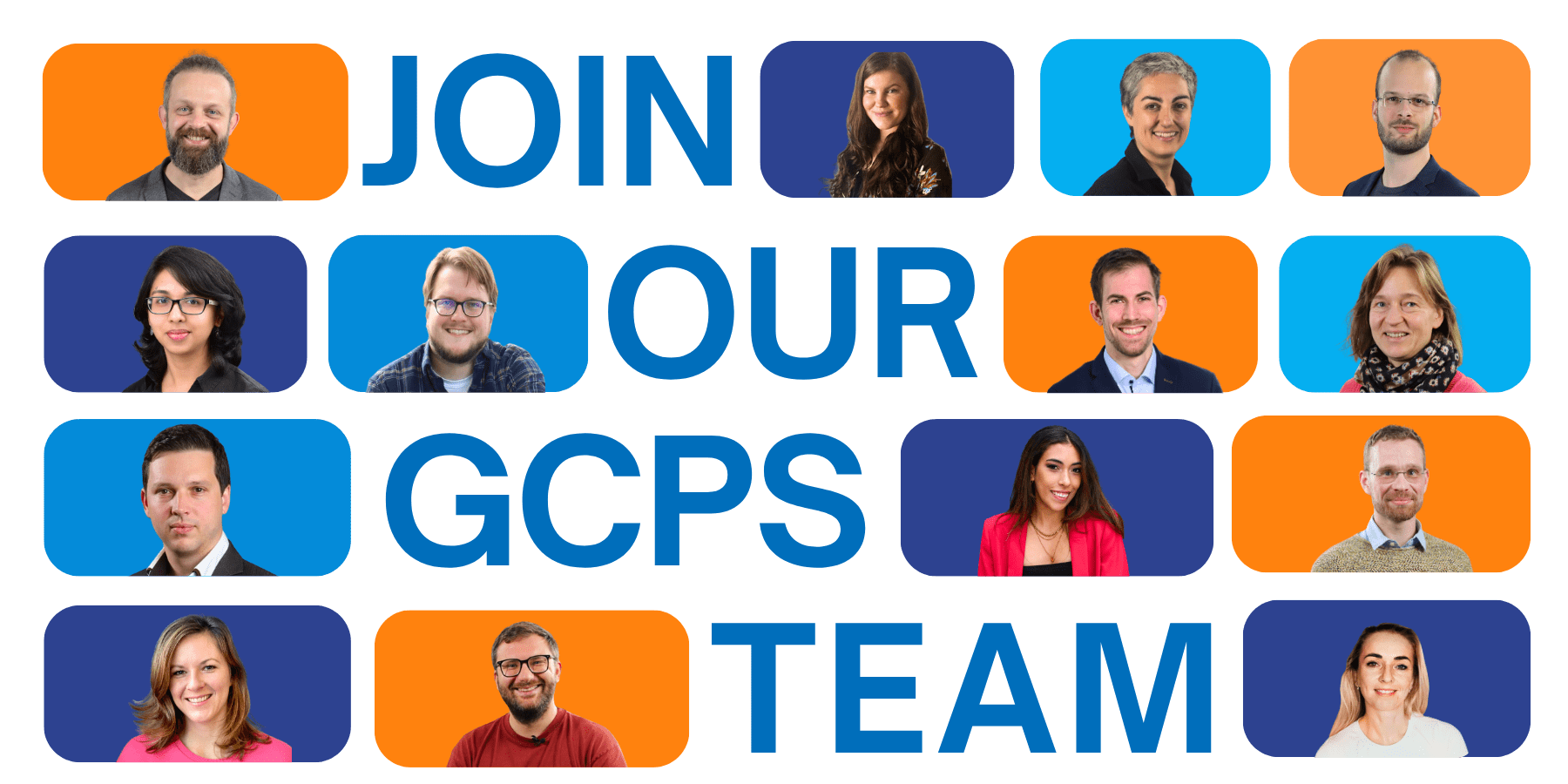 A collage of diverse, smiling people framed in orange and blue alongside the text "JOIN OUR GCPS TEAM" on a black background, conveying inclusivity and teamwork.