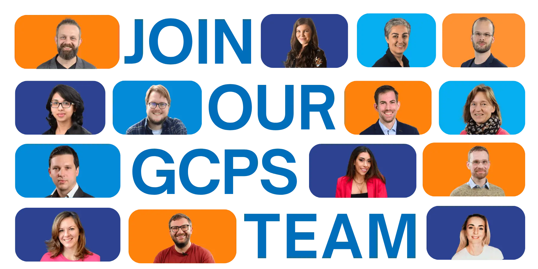 A collage of diverse, smiling people framed in orange and blue alongside the text "JOIN OUR GCPS TEAM" on a black background, conveying inclusivity and teamwork.