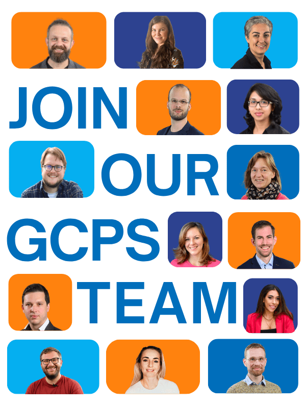 A collage of diverse, smiling people framed in orange and blue alongside the text "JOIN OUR GCPS TEAM" on a black background, conveying inclusivity and teamwork.