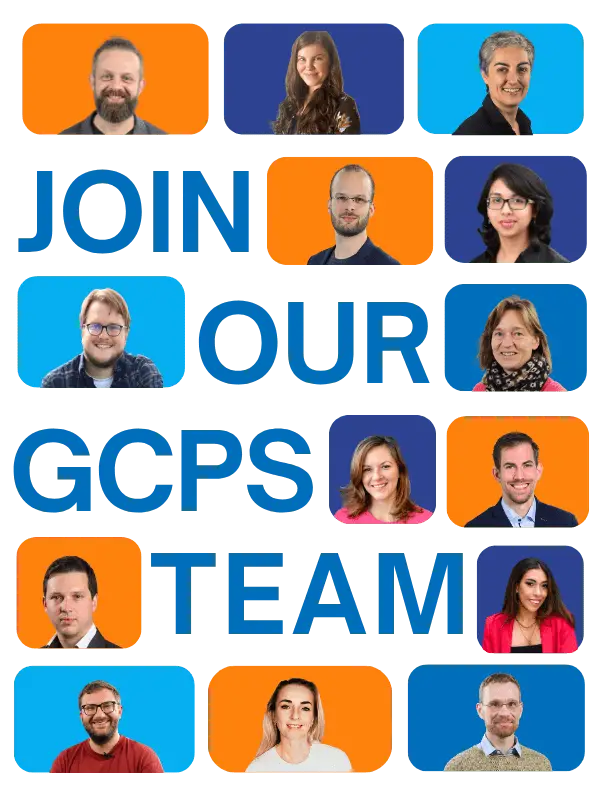 A collage of diverse, smiling people framed in orange and blue alongside the text "JOIN OUR GCPS TEAM" on a black background, conveying inclusivity and teamwork.