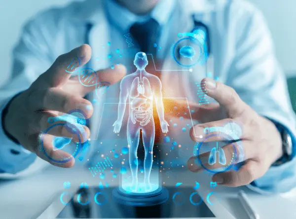 A doctor in a white coat interacts with a glowing digital hologram of a human body. Blue icons of organs and DNA surround the hologram. Futuristic and clinical.